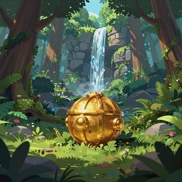 Futurist Cartoon Video. Digital Cg Artwork Concept Illustration For A Realistic Cartoon Style Background Depicting A Forest Treasure Video Game Setting