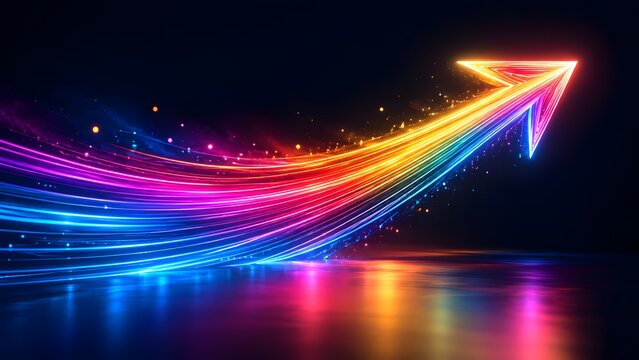 Sweeping neon light streaks converging into an upward arrow over a reflective floor showing digital transformation