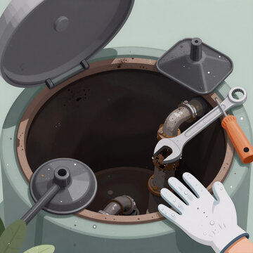 Editorial Illustration Tank Empty. Septic Tank Cleaning, Unblocking, And Draining Pipes