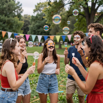 Surreal Party Joke. Three Friends (Two Women And A Man) Enjoy A Lively Park Party With Joking, Talking, And Playing Soap Bubbles. One Friend Sports Mustache And Fake Glasses For Fun