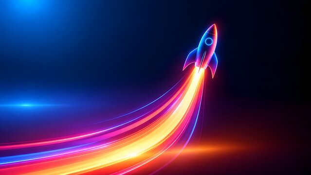 Glowing neon space rocket launching upward representing explosive startup growth and rapid commercial innovation