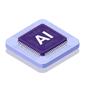 Isometric artificial intelligence AI processor chip with circuit board patterns, microchip hardware technology vector concept, isolated on white background