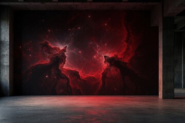 Fototapeta premium Dark red nebula wall mural in empty modern room. Large cosmic space painting creates moody atmosphere in loft apartment. Abstract galaxy art with glowing stars, smoke clouds decorates concrete wall