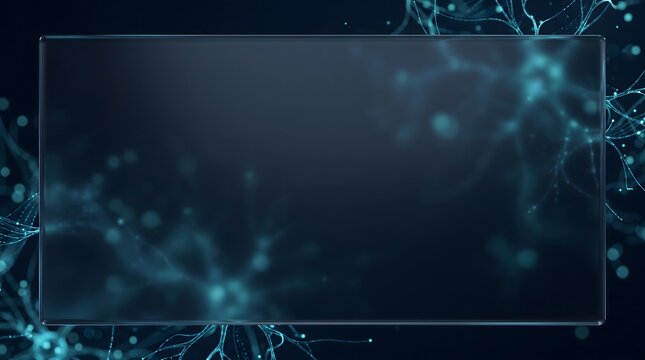 Abstract futuristic glowing blue neural network background with transparent glass frame and copy space