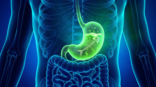 A glowing green stomach with fishbone and bubbling acid showing food poisoning, gastric irritation and Digestion Diarrhea