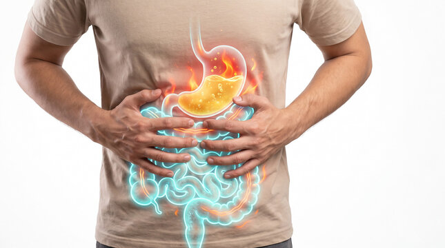 A person clutching abdomen with glowing stomach and intestines showing acid indigestion, bloating and Digestion Diarrhea