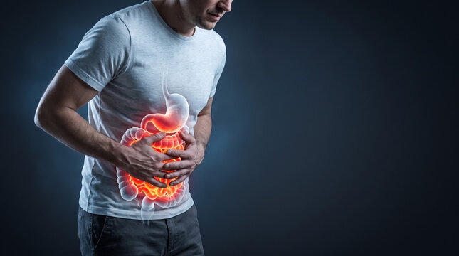 A man clutching abdomen with glowing intestines showing severe cramps, inflammation, rapid motility and Digestion Diarrhea