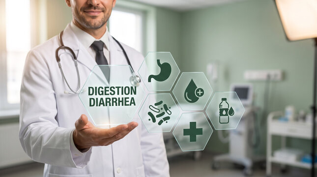 A doctor presenting digestion interface with stomach and hydration icons for gastroenterology care and Digestion Diarrhea