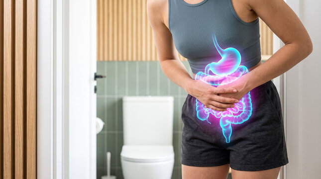 A woman clutching lower abdomen with glowing intestines showing inflammation, cramps and acute Digestion Diarrhea