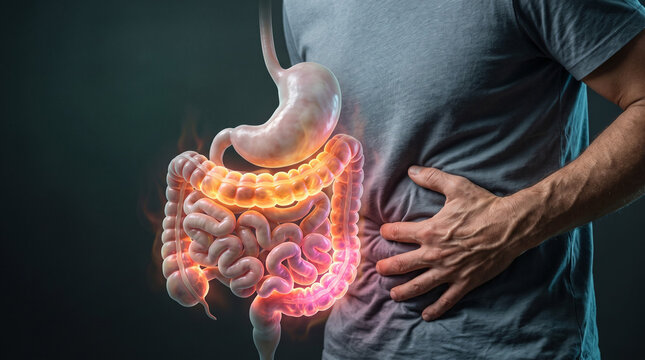 A man clutching abdomen beside glowing intestines showing inflammation, fluid motility and Digestion Diarrhea