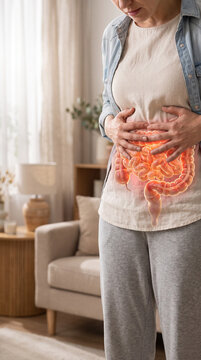 A person holding abdomen with glowing colon showing intestinal inflammation, cramps and acute Digestion Diarrhea