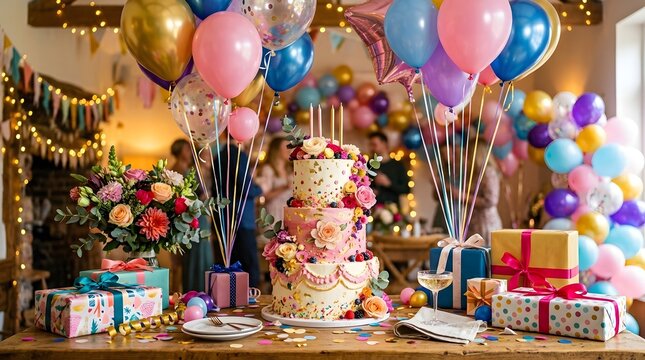 A vibrant birthday party setup featuring a decorated cake  assorted balloons  wrapped gifts  and fresh flowers on a rustic wooden table