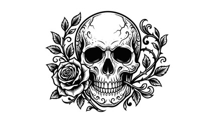 Fototapeta premium Detailed skull and rose vector illustration for gothic art design projects