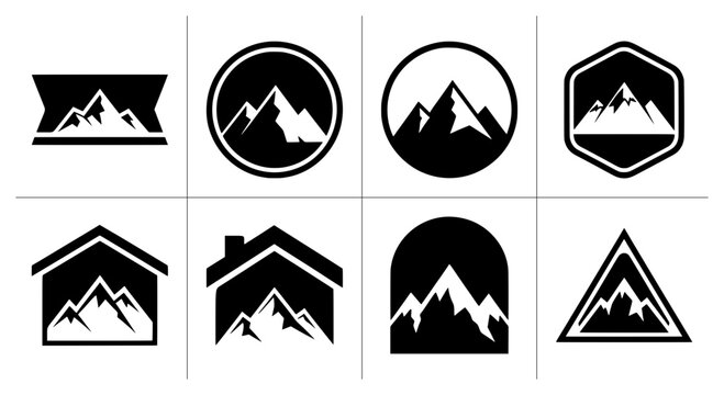 Mountain range silhouettes set in geometric shapes for logos and emblems