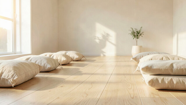 Zen meditation studio with floor cushions for wellness banner