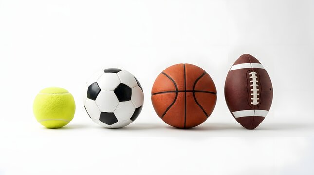 Four distinct sports balls   tennis  soccer  basketball  and American football   are neatly aligned on a clean white background  showcasing their unique shapes and textures