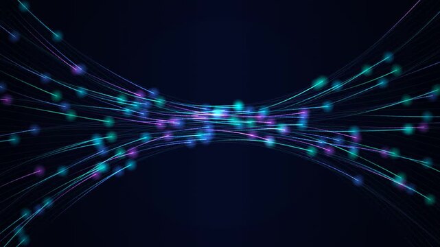 Fiber optic bundle with light pulses streaming through glowing cables seamless loop