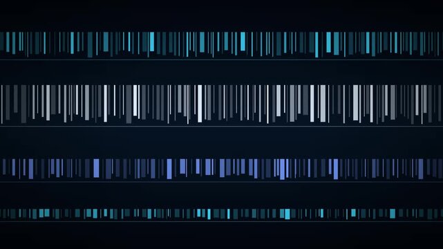 Digital data stream of barcode style bars scrolling and flickering in cyan seamless loop