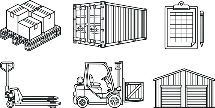 Warehouse logistics cargo shipping container and forklift truck line vector icon set