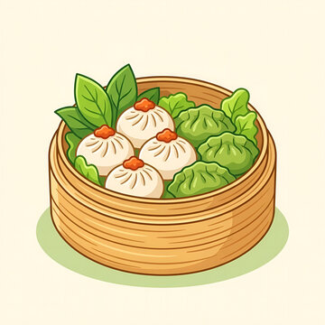 Steamed dim sum assortment featuring shumai dumplings and green vegetable gyoza in a bamboo steamer basket illustration, flat vector style