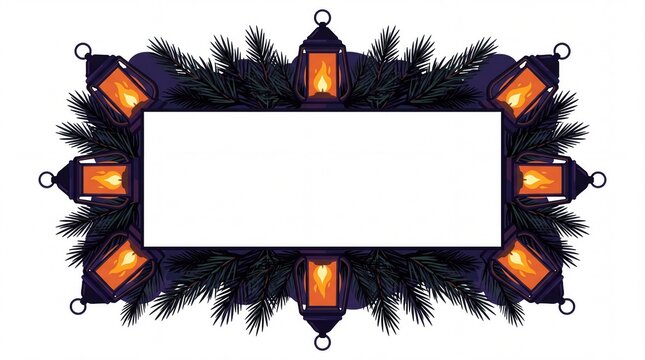 Vector frame border with glowing lanterns and dark pine branches