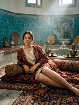 Seljuk noblewoman in opulent medieval Anatolian caftan and jeweled turban resting in Konya palace interior