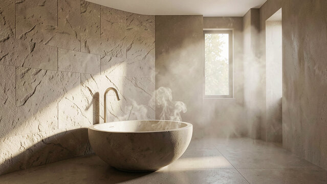 Steaming stone soaking tub for luxury spa wellness brochure