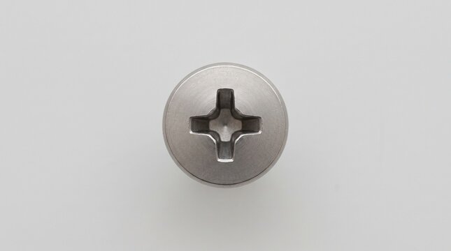 A metallic Phillips cross head screw viewed from above, featuring a clean industrial design and subtle shadows, isolated on a neutral background for hardware, construction, and engineering application