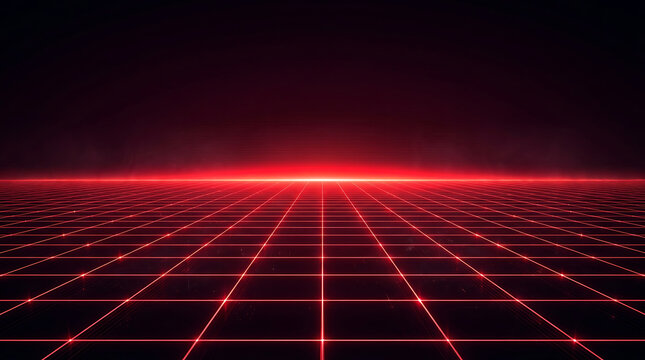 Glowing red digital grid floor isolated on black background for