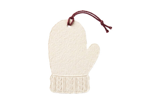 Blank mitten shaped gift tag with a textured paper surface and a dark brown string attachment