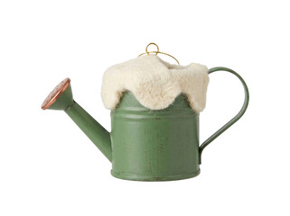 Green metal watering can Christmas ornament with a fluffy white faux fur trim on transparent background © Frodo