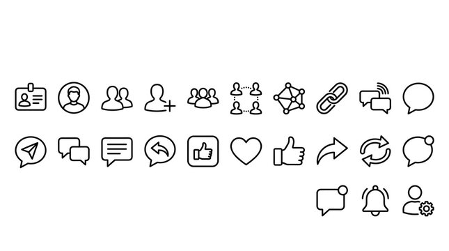 24 Social Media Line Icons Featuring Friends Connections Networking Messaging Likes Sharing and Editable Vector Symbols