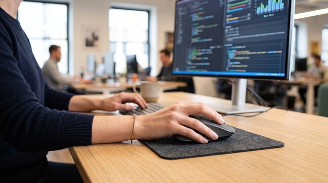Close-up of programmer hands typing on keyboard and using mouse at desk, software developer working on computer monitor with code in modern office workspace background.