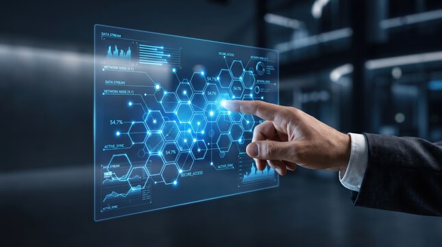 Businessman hand touching futuristic holographic interface displaying network nodes, data stream charts and hexagonal graphs, illustrating advanced technology interaction