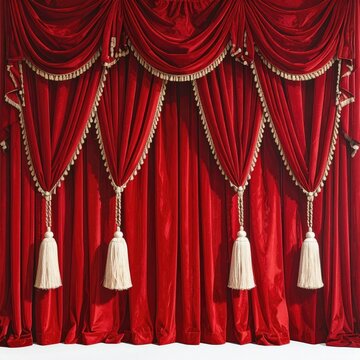 Opulent crimson velvet drapes with elaborate gold trim and large ivory tassels