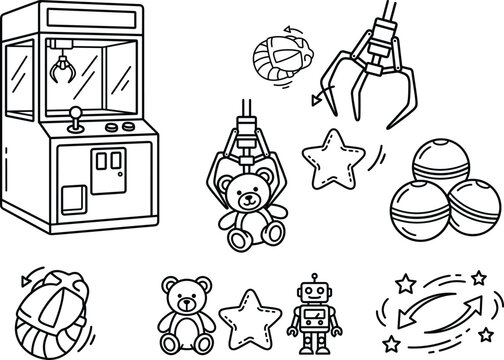 Arcade claw machine game and winning surprise prize line vector icon set