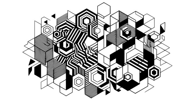 Abstract Black and White Hexagon Striped Geometric Vector Pattern