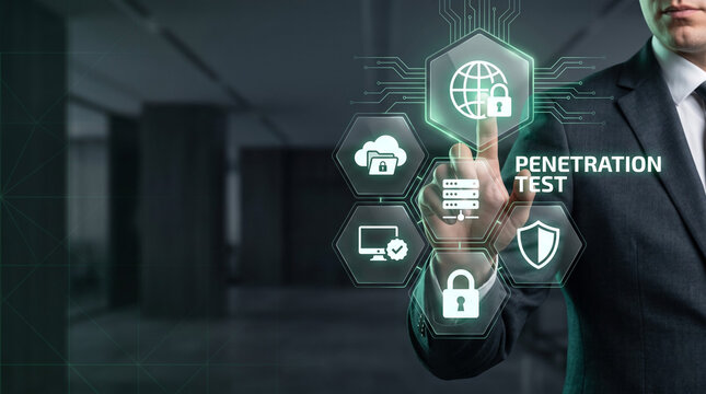 A cybersecurity analyst touching a connected security icons for penetration testing and vulnerability auditing