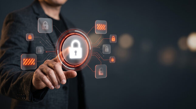 An it security auditor touching a cloud access control interface with secure locks and threat alerts, penetration testing and vulnerability mapping
