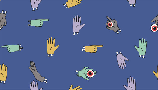 Seamless pattern featuring spooky monster hands and disembodied eyes, perfect for Halloween theme backgrounds.
