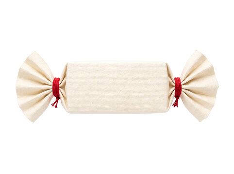 Single candy wrapped in plain beige paper with red string ties transparent background
