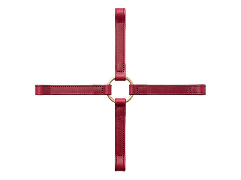 Red leather straps arranged in a cross shape connected by a central brass metal ring isolated