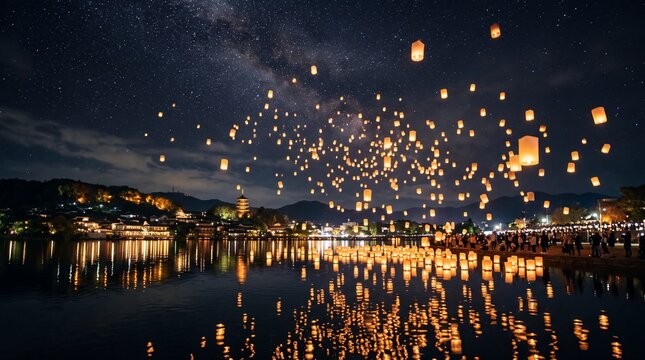Sky lanterns floating over river at night festival