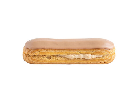 Freshly baked coffee eclair with smooth icing isolated on a transparent background studio shot
