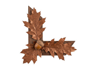 L-shaped wooden frame decorated with metallic copper oak leaves and a single natural acorn nut © Frodo