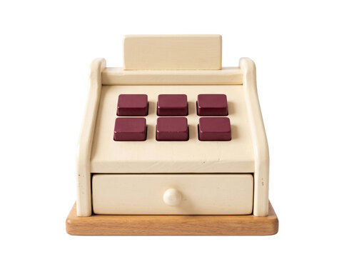 Vintage style wooden toy cash register with maroon buttons isolated on a transparent background