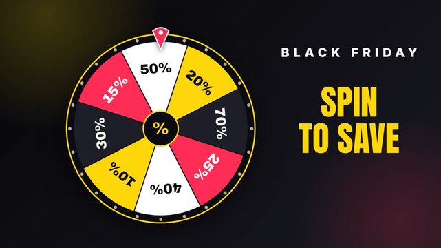 A Black Friday promotional video showing a spinning prize wheel that lands on a 50% discount. Confetti bursts as the '50% OFF' offer and 'SHOP NOW' button appear.