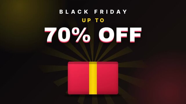 A red gift box opens with an explosion of confetti to reveal a Black Friday sale offer of up to 70% off against a dark, glowing background.
