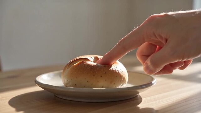 Fresh baked whole grain bread, finger pressing bread crust, steam rising, wooden table, slow motion food closeup