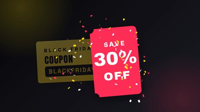 A Black Friday coupon code is typed and applied, revealing a 30% off discount tag that pops forward with confetti. The vibrant red tag emphasizes a limited-time shopping event.